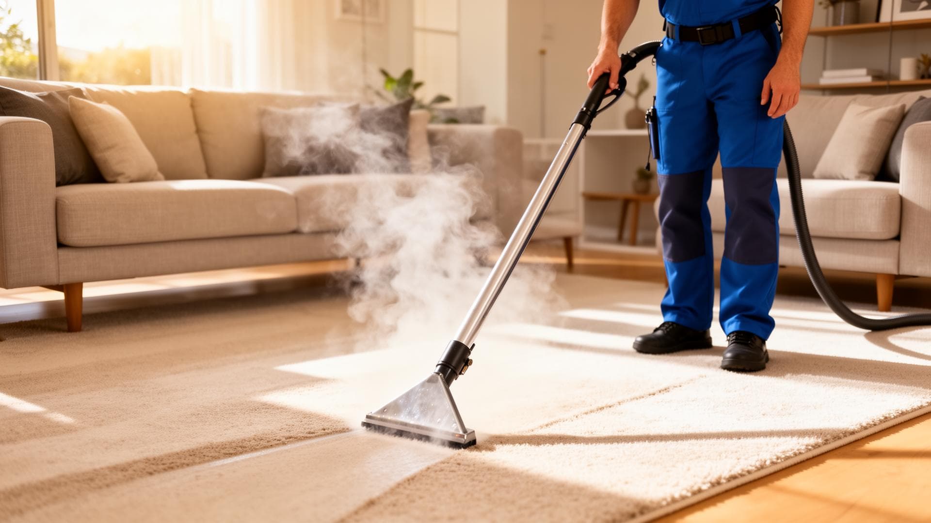 Professional steam cleaning a carpet in a Perth home